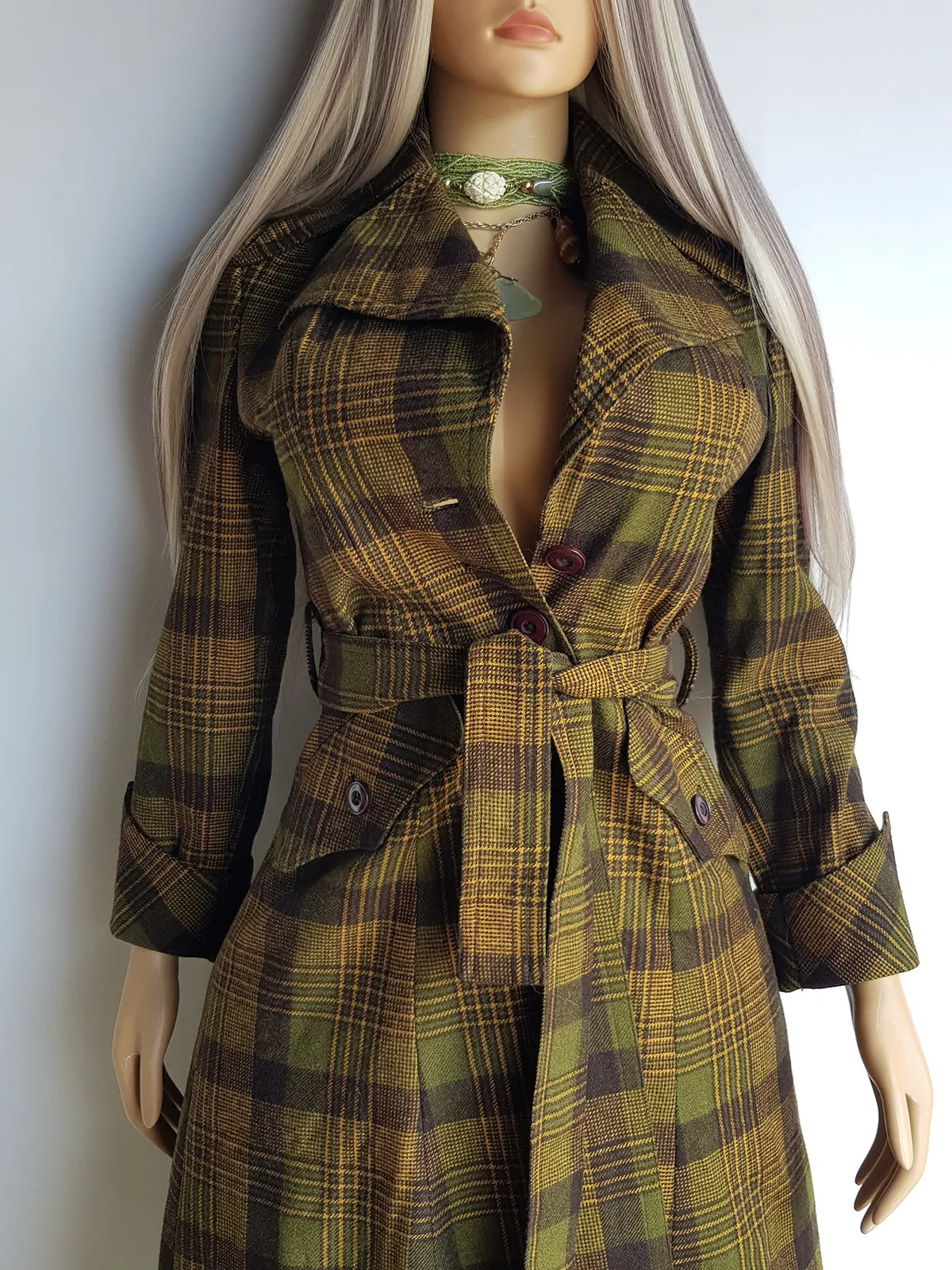 1970s Couture Tailoring Plaid Wool Coat - Absolute Perfection - Very Vivienne Westwood Style- Olive Green Mustard Tones - Stiff Collar & Beautifully Cut Pockets