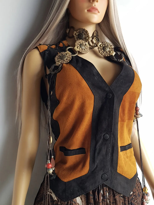 Vintage Aged & Worn Perfectly - Buttery Soft 100% Genuine Suede Motorcycle Vest - Black & Tobacco - Tie Lacing Features & Metal Hardware - Fully Lined - 1980s