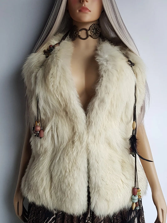 Vintage 1970s Plush Fox Fur Vest in Off-White - Soft & Dreamy - Very Kate Moss at Glastonbury - Indie Sleaze