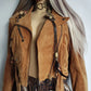 Vintage Perfect Motorcycle Tassel Jacket - Rich Tan 100% Genuine Suede - Metal Hardware - Fully Lined Jacket