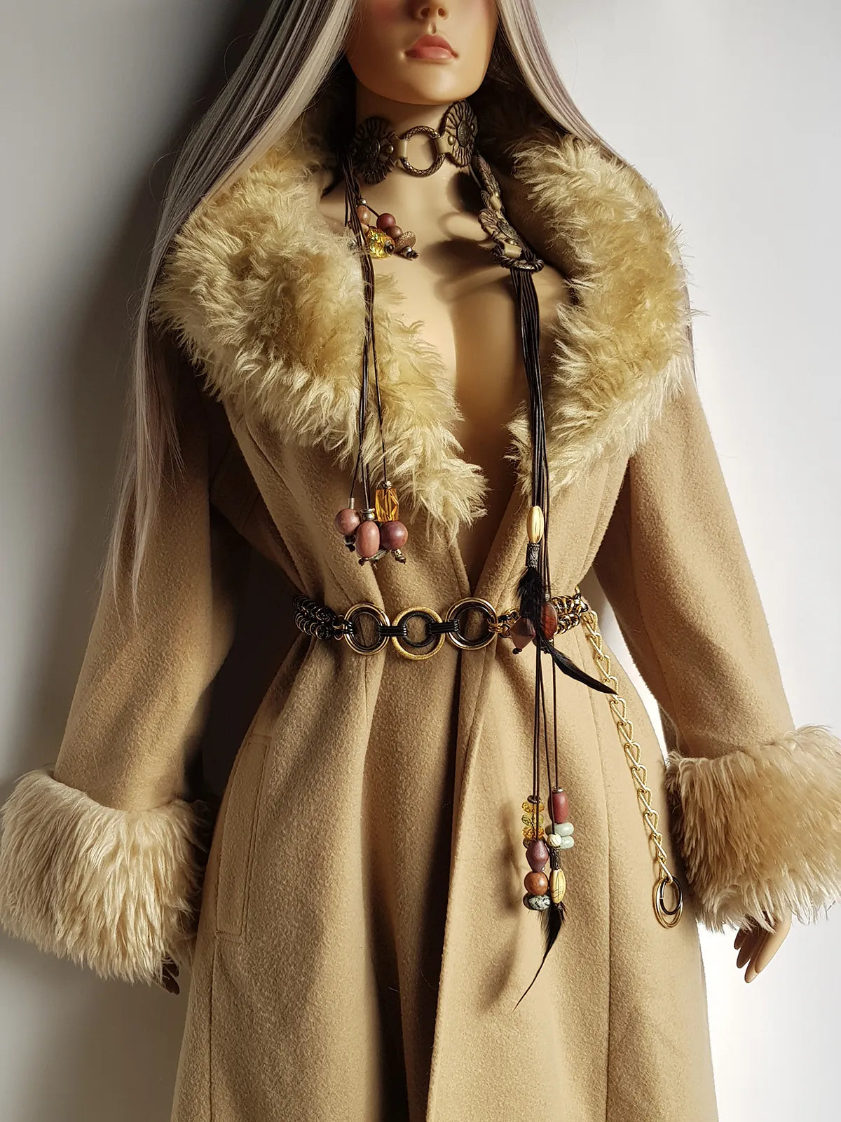 Absolute Knockout Penny Lane Princess Coat - Incredible Hourglass Shape - Camel Tones - Wool with Vegan Fur Collar & Cuffs