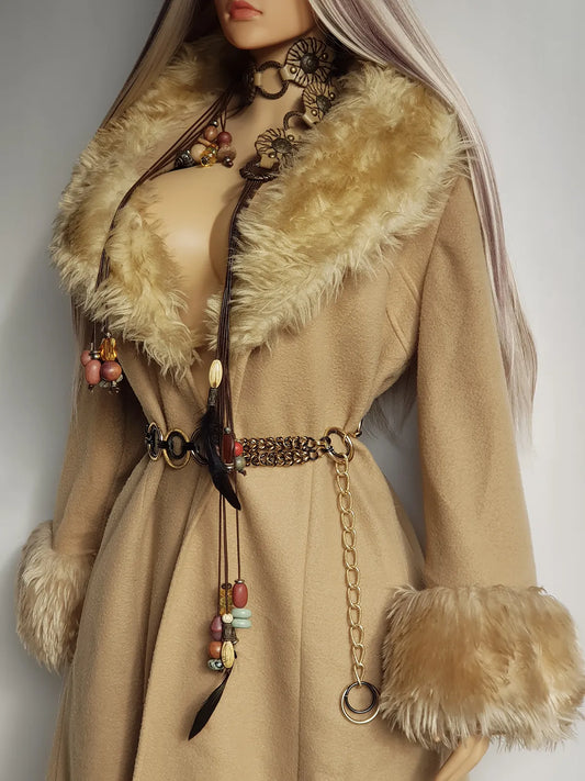 Absolute Knockout Penny Lane Princess Coat - Incredible Hourglass Shape - Camel Tones - Wool with Vegan Fur Collar & Cuffs