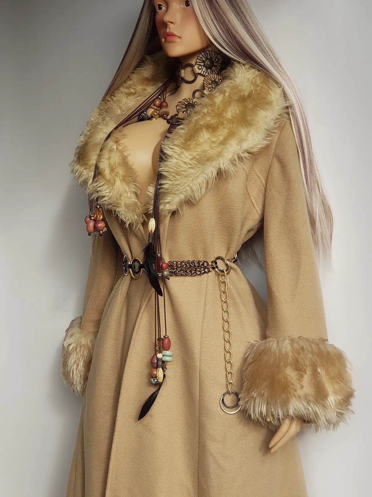 Absolute Knockout Penny Lane Princess Coat - Incredible Hourglass Shape - Camel Tones - Wool with Vegan Fur Collar & Cuffs