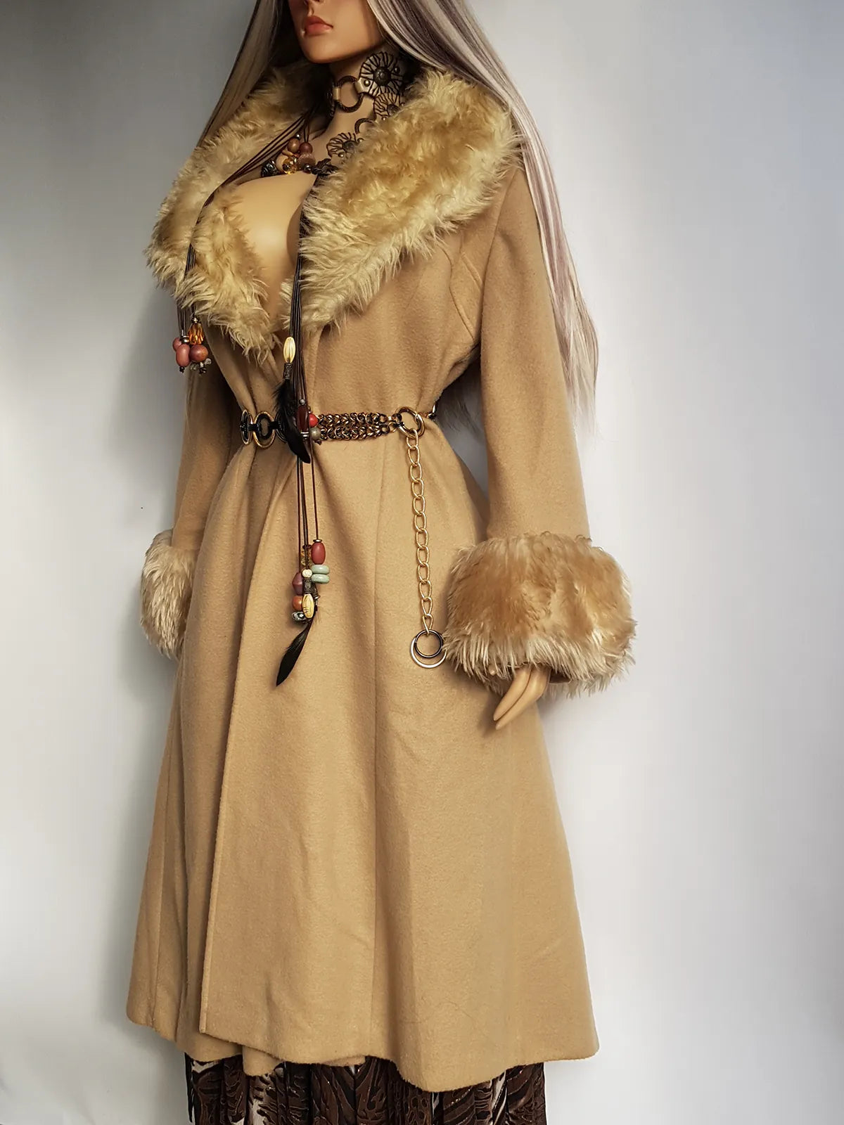 Absolute Knockout Penny Lane Princess Coat - Incredible Hourglass Shape - Camel Tones - Wool with Vegan Fur Collar & Cuffs