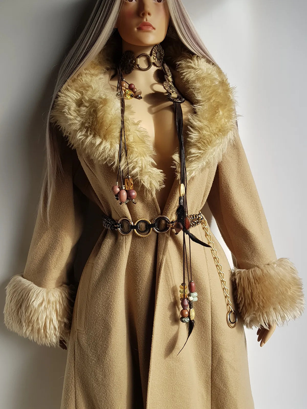 Absolute Knockout Penny Lane Princess Coat - Incredible Hourglass Shape - Camel Tones - Wool with Vegan Fur Collar & Cuffs