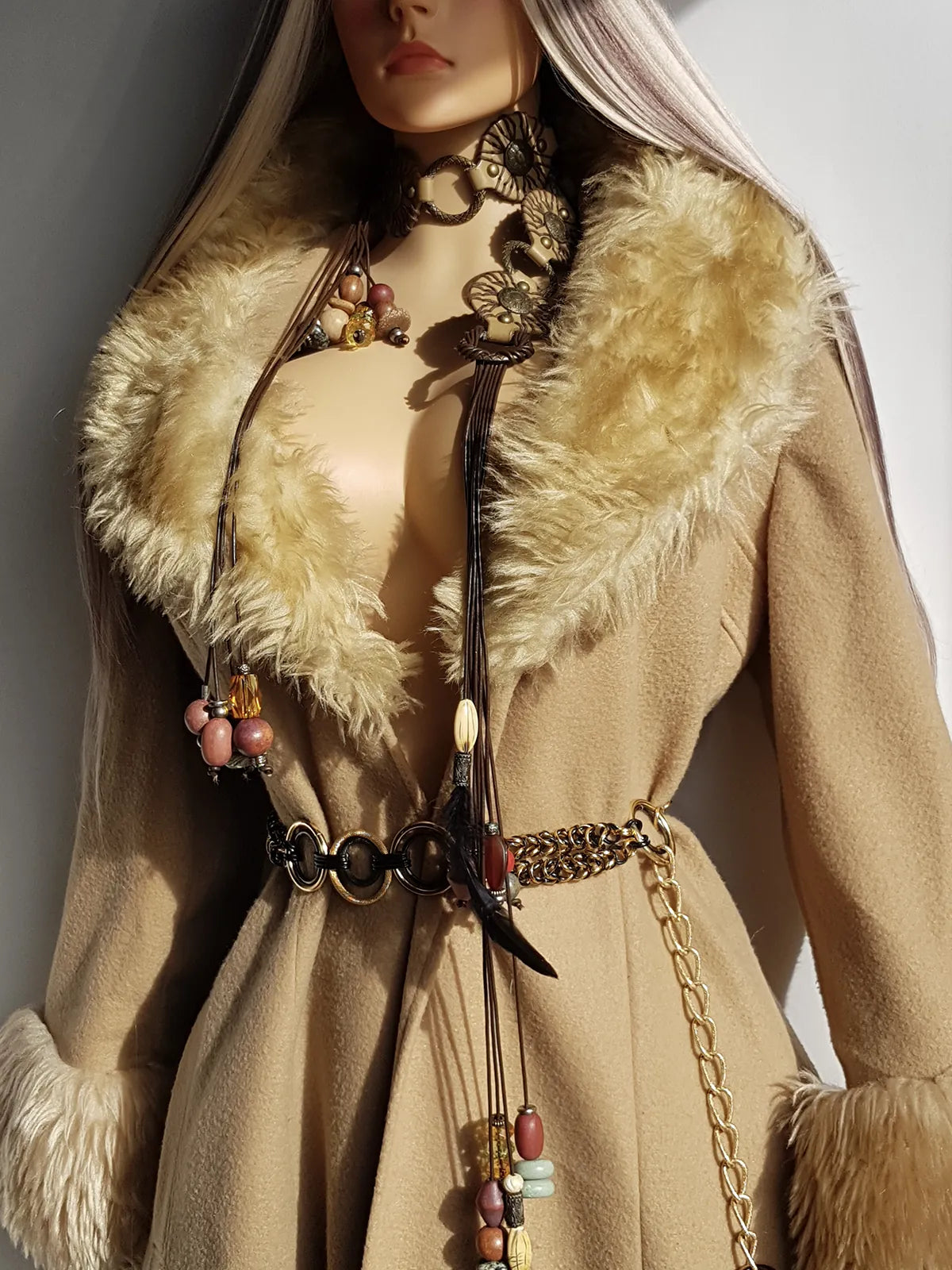 Absolute Knockout Penny Lane Princess Coat - Incredible Hourglass Shape - Camel Tones - Wool with Vegan Fur Collar & Cuffs