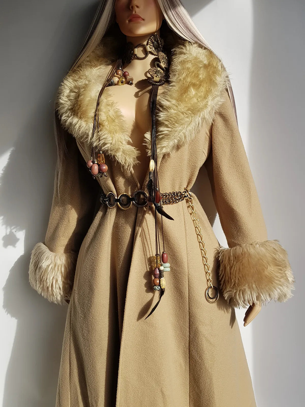 Absolute Knockout Penny Lane Princess Coat - Incredible Hourglass Shape - Camel Tones - Wool with Vegan Fur Collar & Cuffs