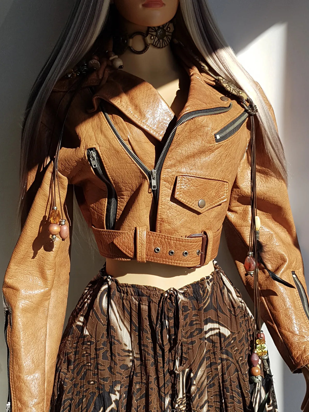 Vintage Italian Motorcycle Jacket in Rich Brown with Black Accents - multiple feature pockets & zips - belted waist