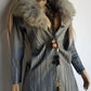 1970s Grey Spy Coat with Fur Collar - Penny Lane Almost Famous Leather Coat - Beautiful Leather Panelling & Perfect Knee Length