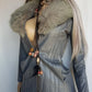 1970s Grey Spy Coat with Fur Collar - Penny Lane Almost Famous Leather Coat - Beautiful Leather Panelling & Perfect Knee Length