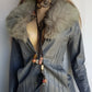 1970s Grey Spy Coat with Fur Collar - Penny Lane Almost Famous Leather Coat - Beautiful Leather Panelling & Perfect Knee Length