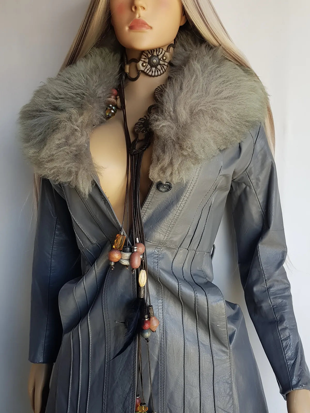 1970s Grey Spy Coat with Fur Collar - Penny Lane Almost Famous Leather Coat - Beautiful Leather Panelling & Perfect Knee Length