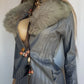 1970s Grey Spy Coat with Fur Collar - Penny Lane Almost Famous Leather Coat - Beautiful Leather Panelling & Perfect Knee Length