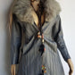 1970s Grey Spy Coat with Fur Collar - Penny Lane Almost Famous Leather Coat - Beautiful Leather Panelling & Perfect Knee Length