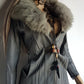 1970s Grey Spy Coat with Fur Collar - Penny Lane Almost Famous Leather Coat - Beautiful Leather Panelling & Perfect Knee Length