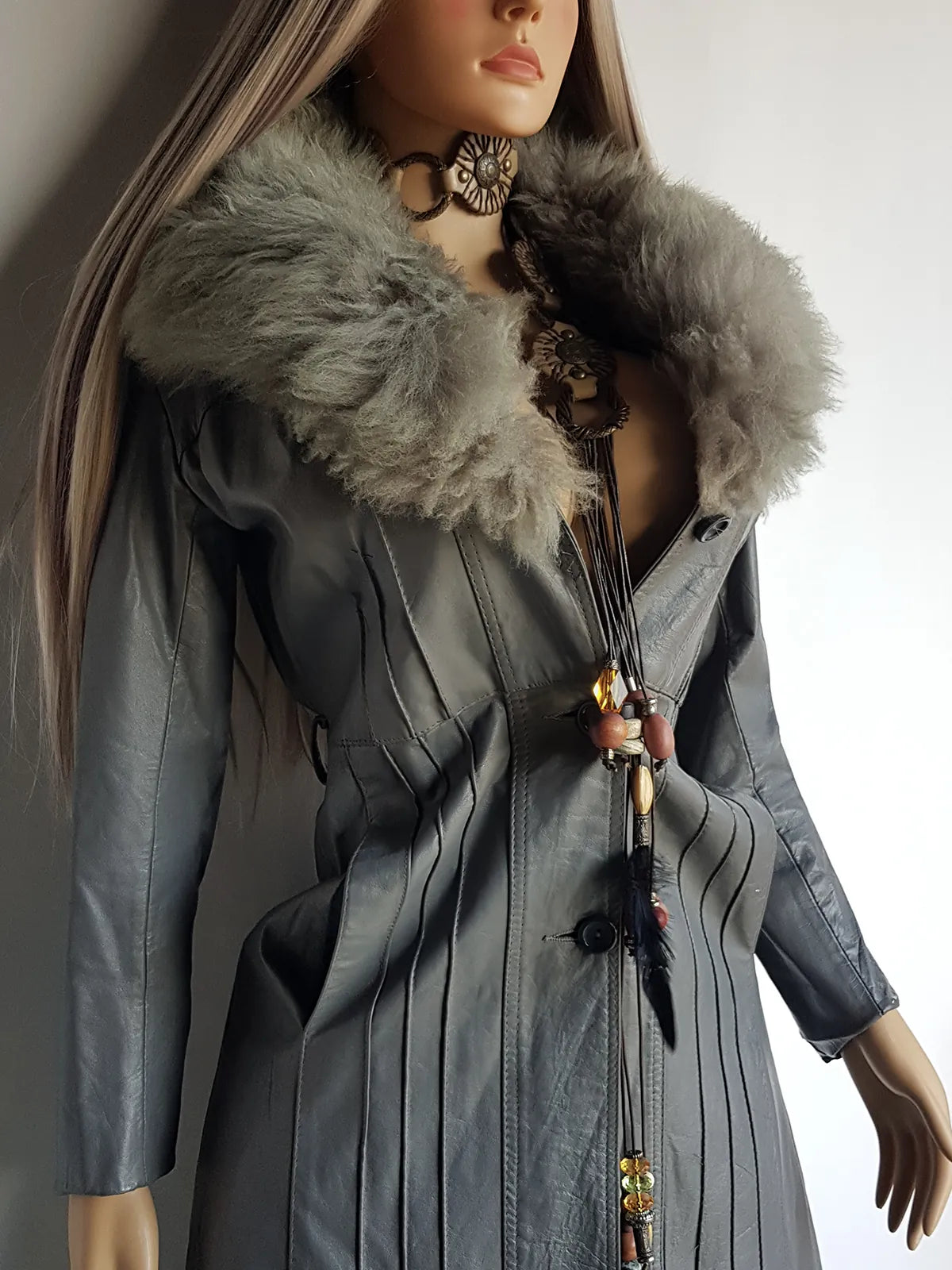 1970s Grey Spy Coat with Fur Collar - Penny Lane Almost Famous Leather Coat - Beautiful Leather Panelling & Perfect Knee Length