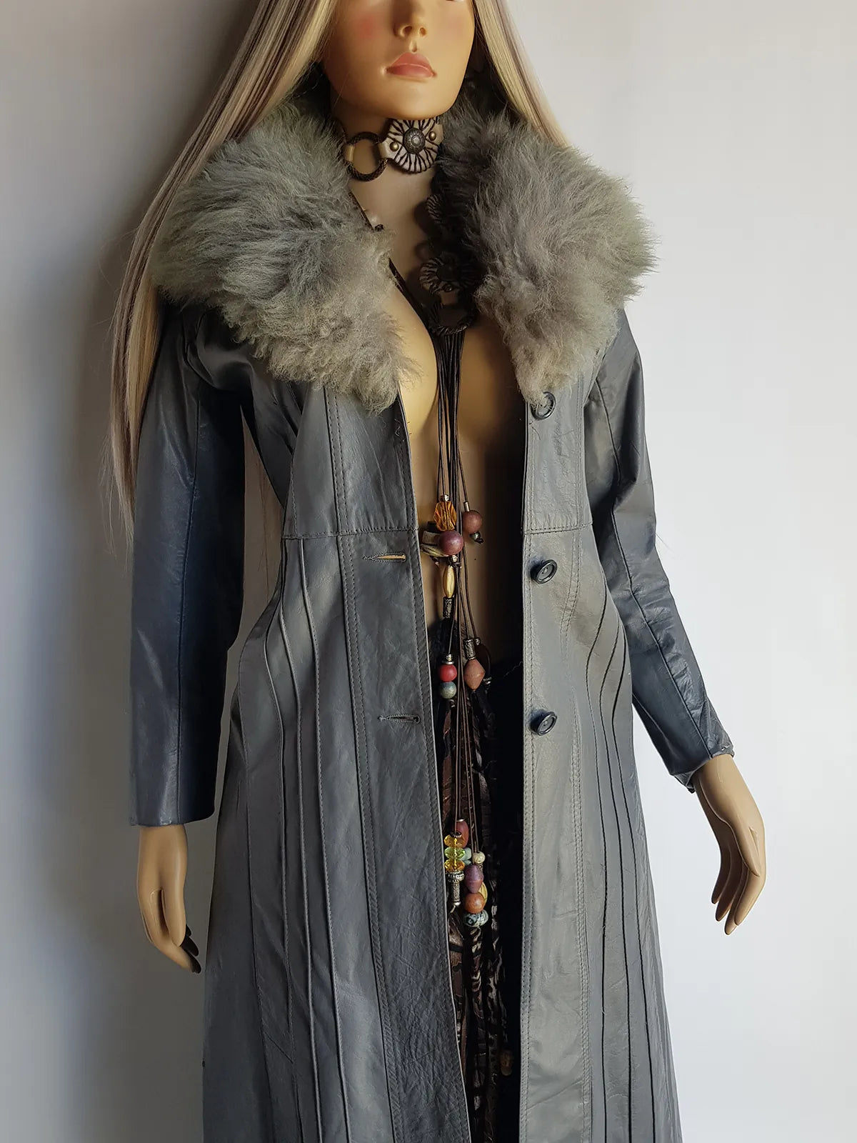 1970s Grey Spy Coat with Fur Collar - Penny Lane Almost Famous Leather Coat - Beautiful Leather Panelling & Perfect Knee Length