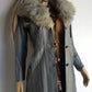 1970s Grey Spy Coat with Fur Collar - Penny Lane Almost Famous Leather Coat - Beautiful Leather Panelling & Perfect Knee Length