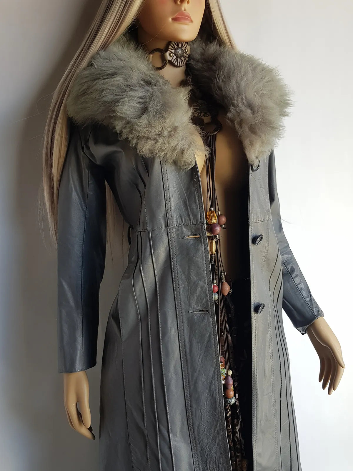 1970s Grey Spy Coat with Fur Collar - Penny Lane Almost Famous Leather Coat - Beautiful Leather Panelling & Perfect Knee Length