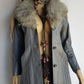 1970s Grey Spy Coat with Fur Collar - Penny Lane Almost Famous Leather Coat - Beautiful Leather Panelling & Perfect Knee Length