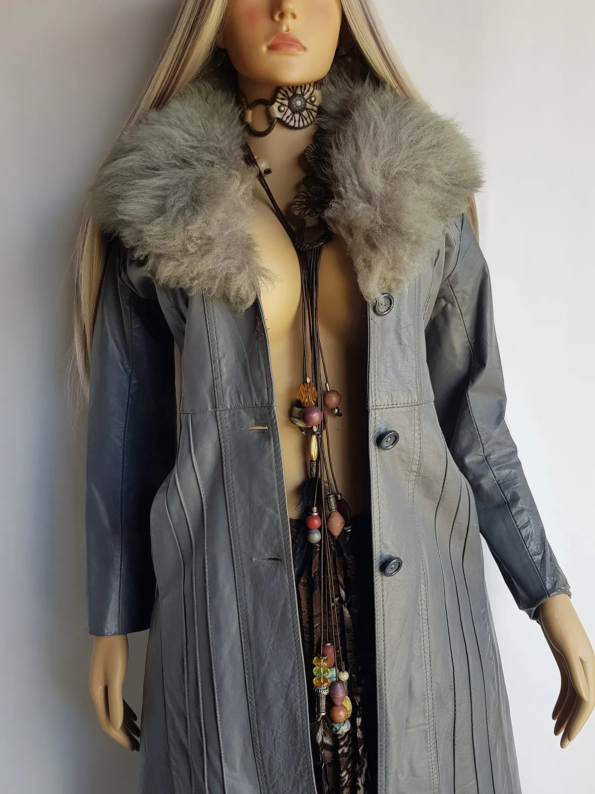 1970s Grey Spy Coat with Fur Collar - Penny Lane Almost Famous Leather Coat - Beautiful Leather Panelling & Perfect Knee Length