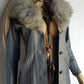 1970s Grey Spy Coat with Fur Collar - Penny Lane Almost Famous Leather Coat - Beautiful Leather Panelling & Perfect Knee Length