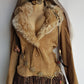 Vintage 2000s Perfect 100% Genuine Suede Jacket - Rich Tan - Tie Waist - Vegan Fur Collar