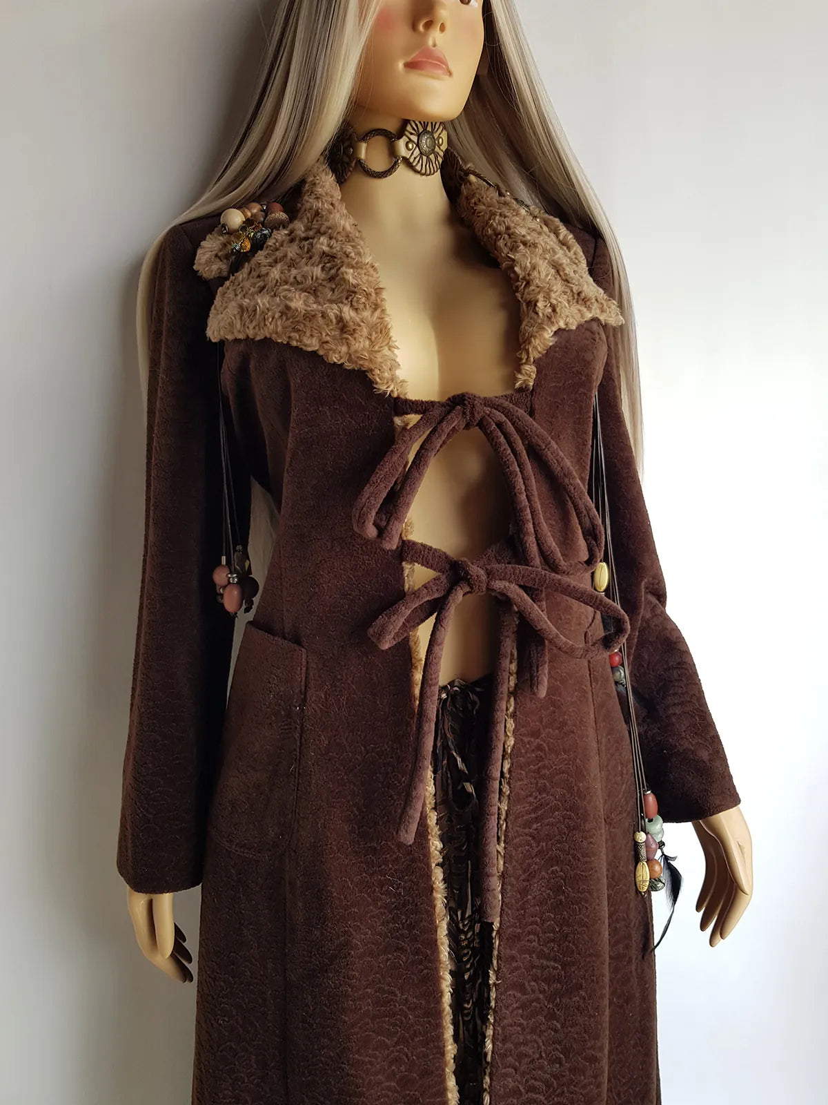 Perfect 1970s Vintage Rockstar Bohemian Coat - Hourglass Shape - Vegan - Insanely Cool - Double Tie Front & Large Feature Collar