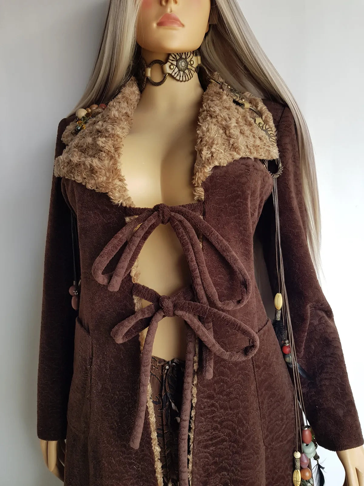 Perfect 1970s Vintage Rockstar Bohemian Coat - Hourglass Shape - Vegan - Insanely Cool - Double Tie Front & Large Feature Collar