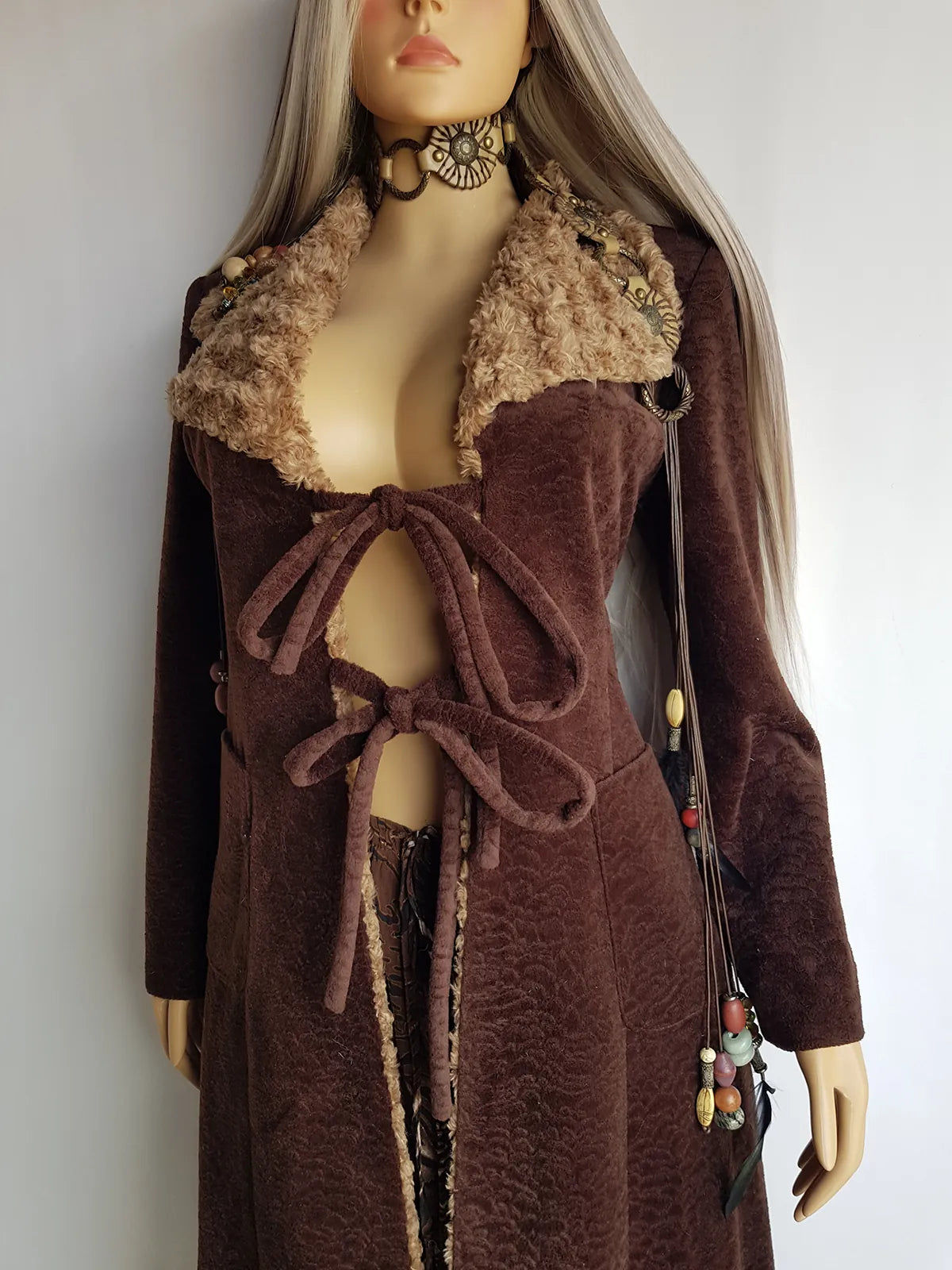 Perfect 1970s Vintage Rockstar Bohemian Coat - Hourglass Shape - Vegan - Insanely Cool - Double Tie Front & Large Feature Collar