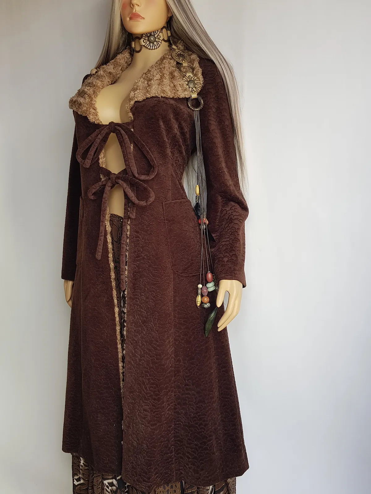 Perfect 1970s Vintage Rockstar Bohemian Coat - Hourglass Shape - Vegan - Insanely Cool - Double Tie Front & Large Feature Collar