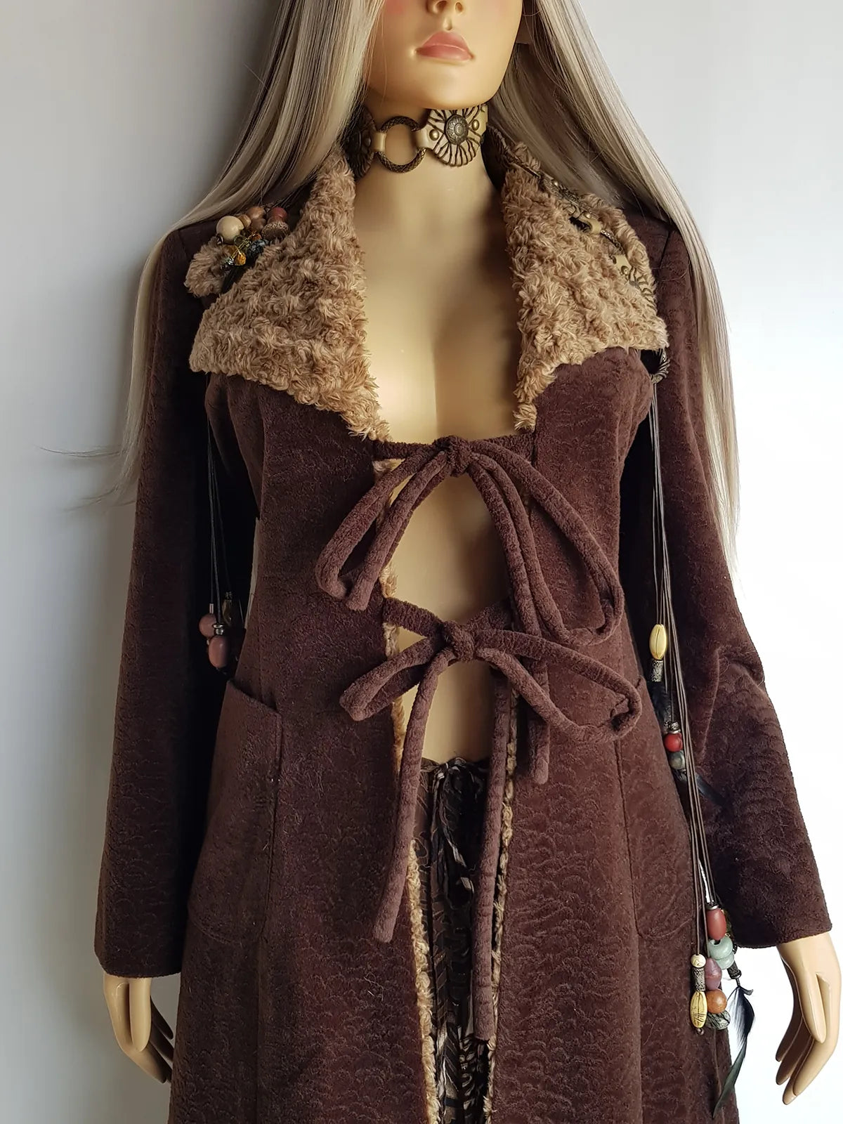 Perfect 1970s Vintage Rockstar Bohemian Coat - Hourglass Shape - Vegan - Insanely Cool - Double Tie Front & Large Feature Collar