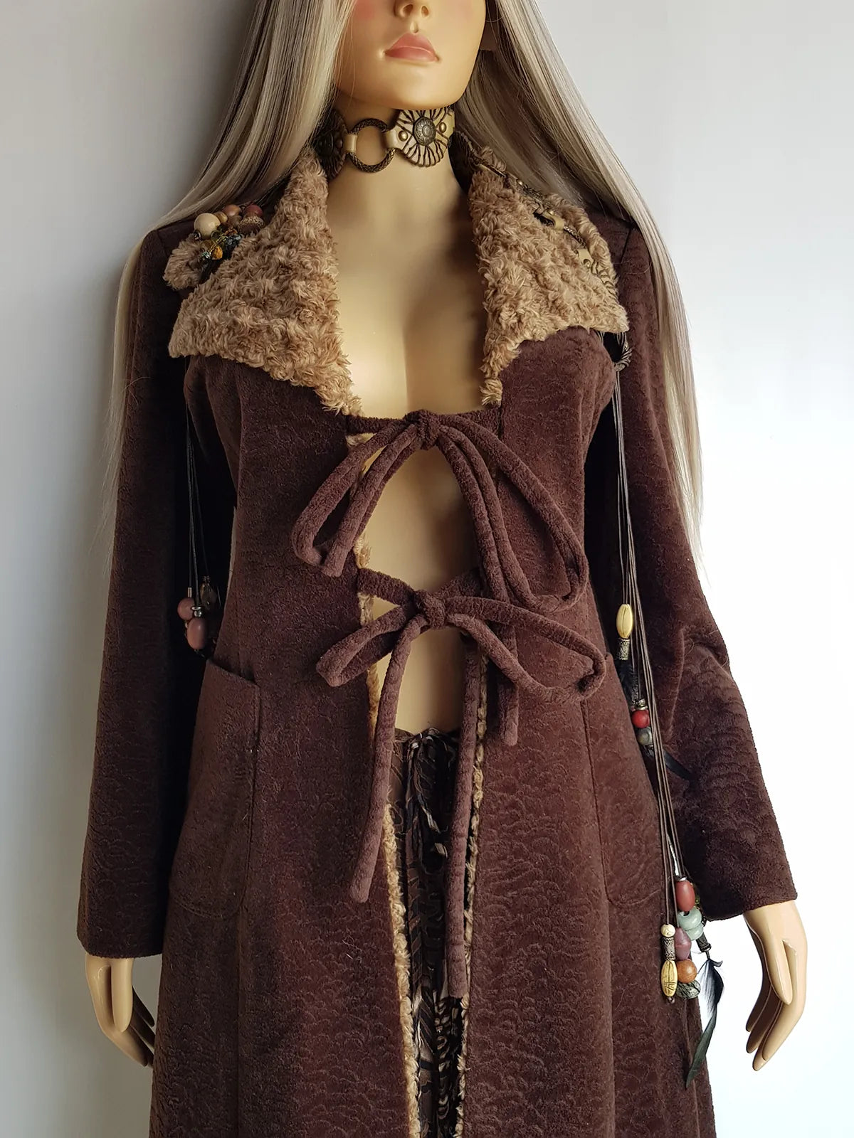 Perfect 1970s Vintage Rockstar Bohemian Coat - Hourglass Shape - Vegan - Insanely Cool - Double Tie Front & Large Feature Collar