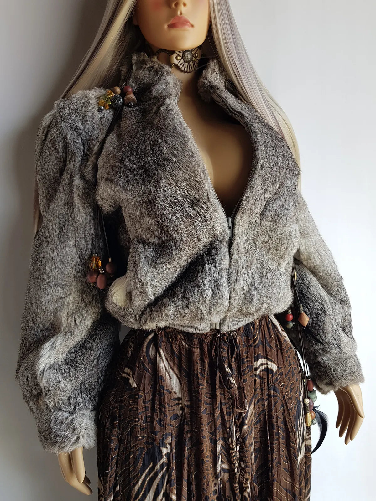 Vintage 100% Rabbit Fur Jacket in Beautiful Soft Grey Tones - Zip front bomber shape with knit features & zip front