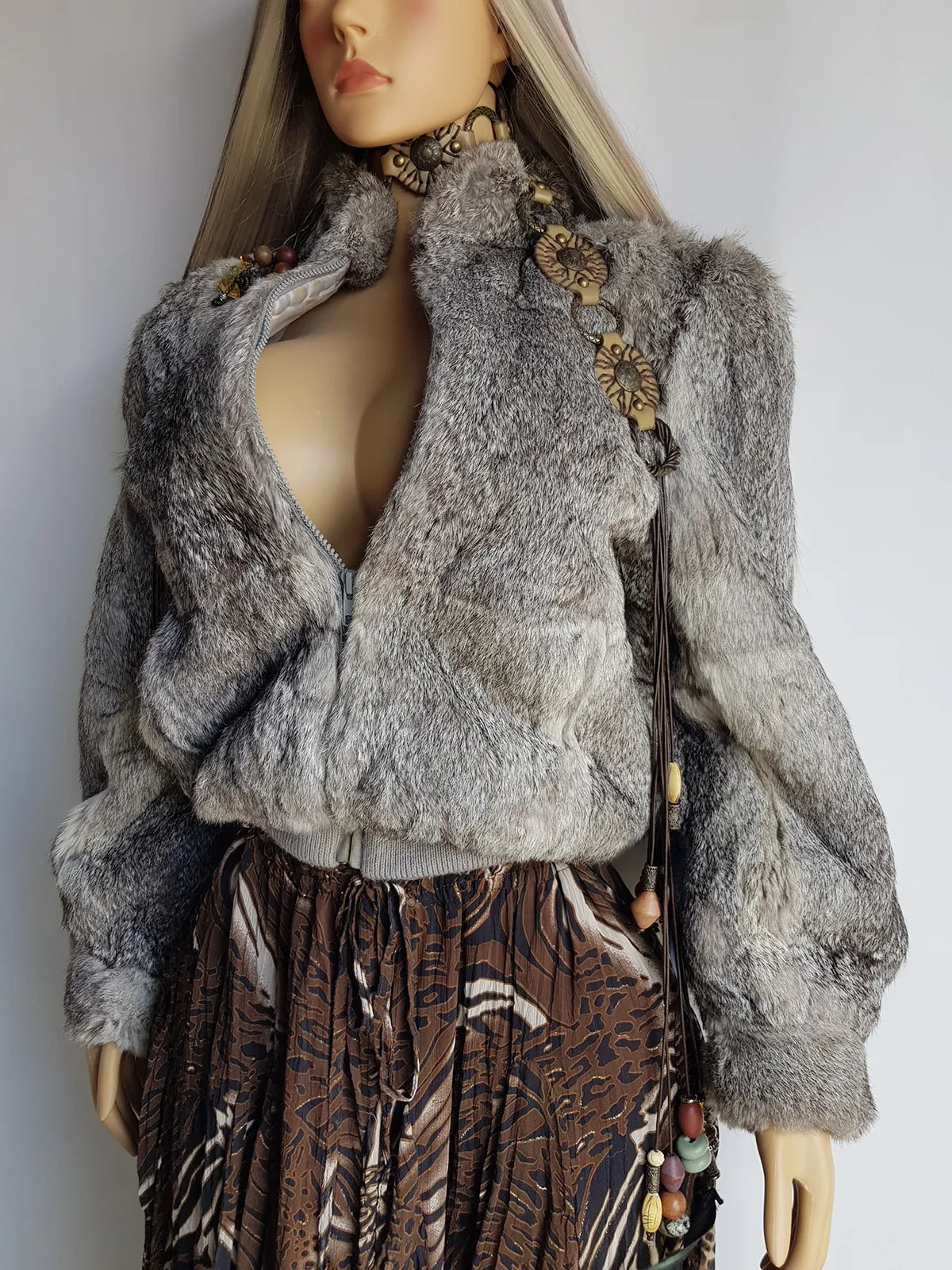 Vintage 100% Rabbit Fur Jacket in Beautiful Soft Grey Tones - Zip front bomber shape with knit features & zip front