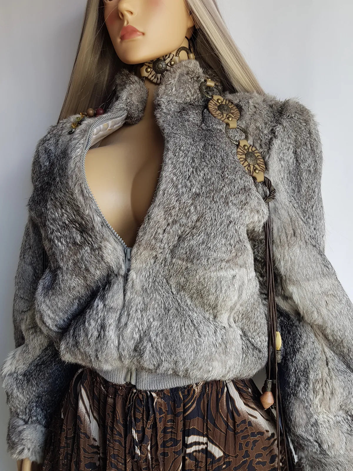 Vintage 100% Rabbit Fur Jacket in Beautiful Soft Grey Tones - Zip front bomber shape with knit features & zip front