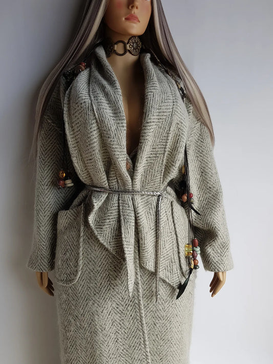 Vintage Chic Wool Coat in Very Light Soft Grey - 3/4 Length - Scarf Tie Neck that can be worn multiple ways - Button Closure - Pockets - Fully Lined