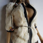 2000s Vintage Authentic White Rabbit Coat with Black Braided Leather Feature Detailing - Short Sleeves & fully lined