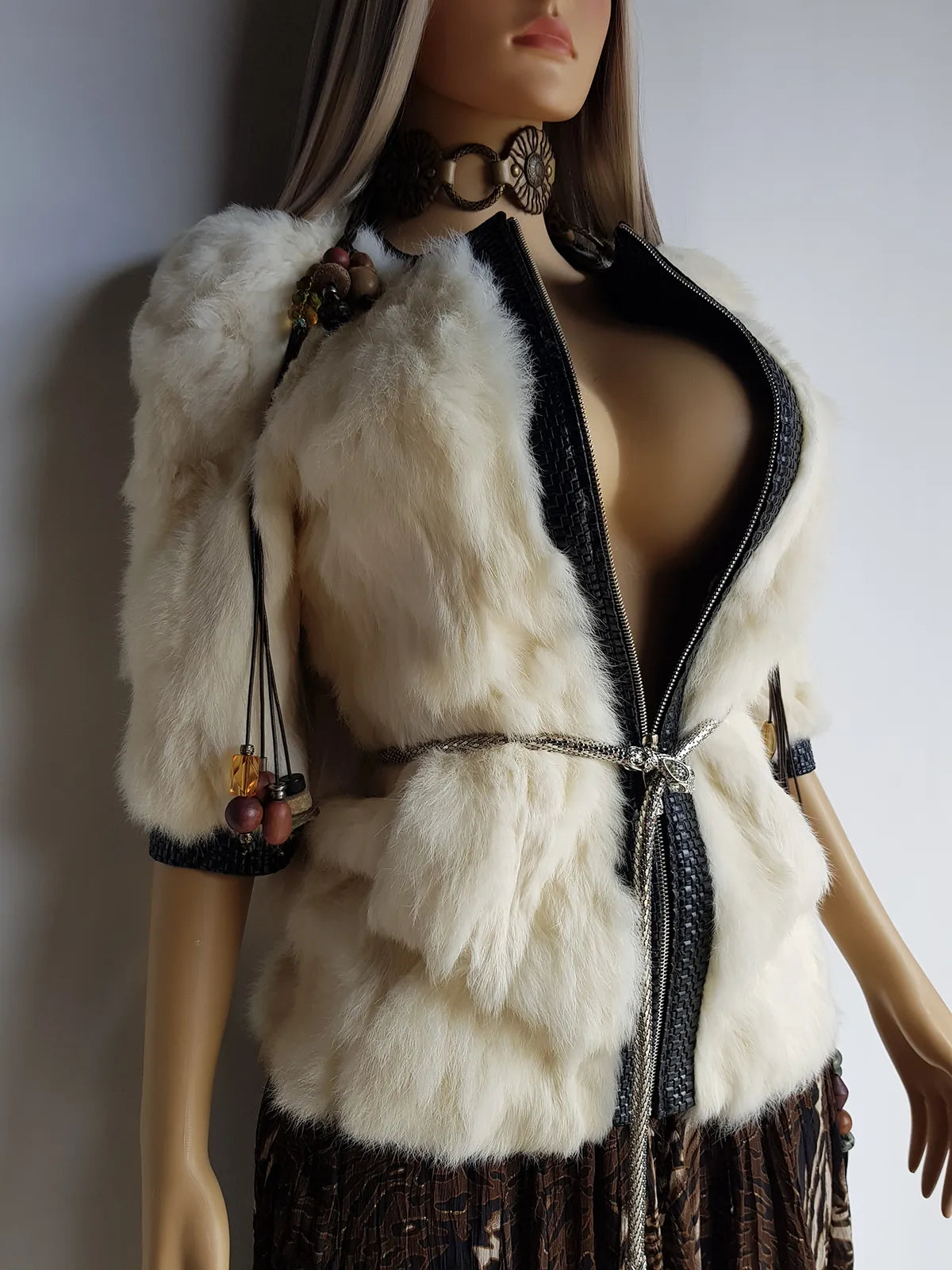 2000s Vintage Authentic White Rabbit Coat with Black Braided Leather Feature Detailing - Short Sleeves & fully lined