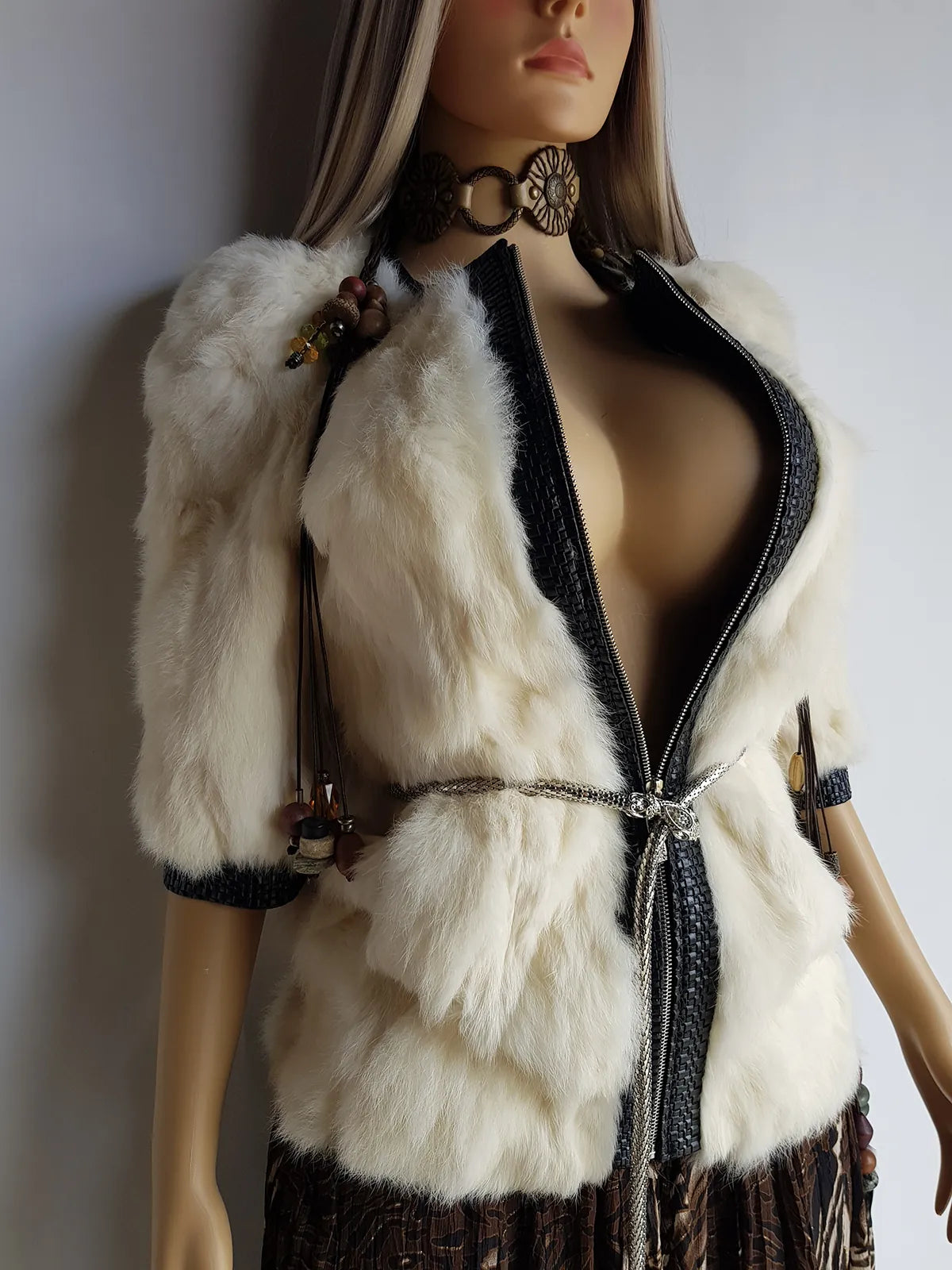 2000s Vintage Authentic White Rabbit Coat with Black Braided Leather Feature Detailing - Short Sleeves & fully lined