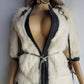 2000s Vintage Authentic White Rabbit Coat with Black Braided Leather Feature Detailing - Short Sleeves & fully lined