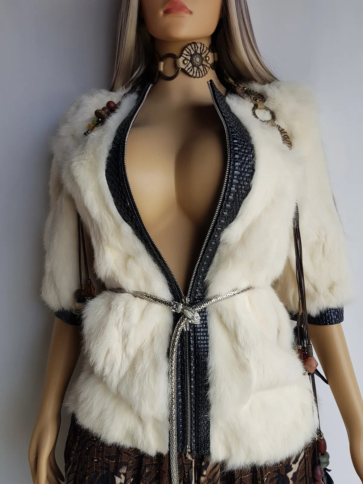 2000s Vintage Authentic White Rabbit Coat with Black Braided Leather Feature Detailing - Short Sleeves & fully lined