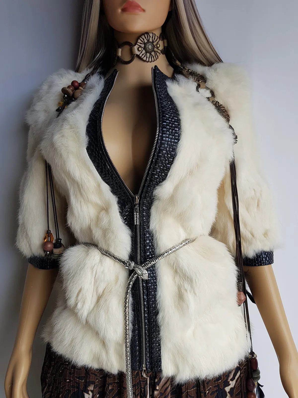 2000s Vintage Authentic White Rabbit Coat with Black Braided Leather Feature Detailing - Short Sleeves & fully lined