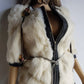 2000s Vintage Authentic White Rabbit Coat with Black Braided Leather Feature Detailing - Short Sleeves & fully lined