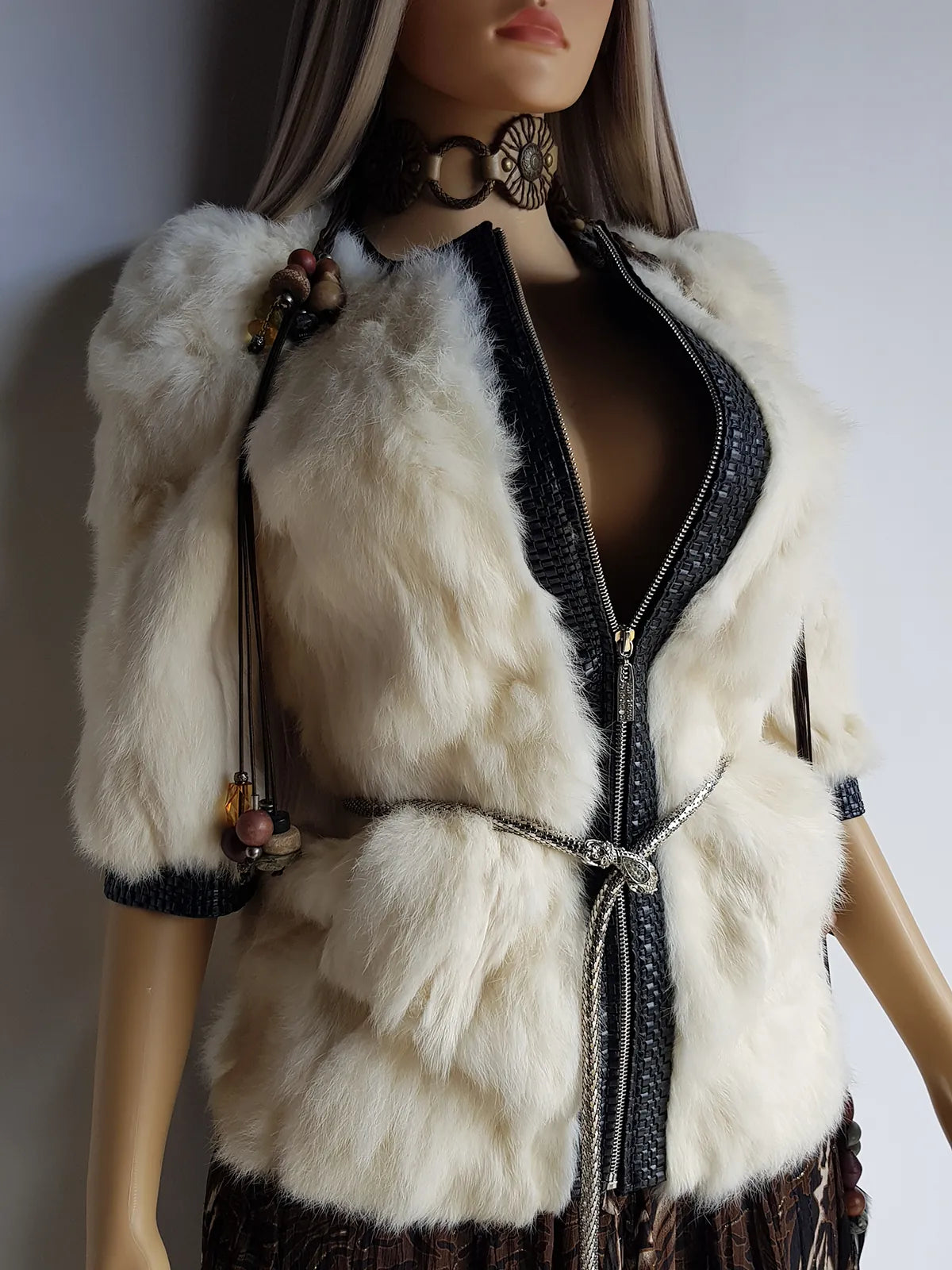 2000s Vintage Authentic White Rabbit Coat with Black Braided Leather Feature Detailing - Short Sleeves & fully lined