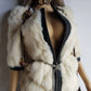 2000s Vintage Authentic White Rabbit Coat with Black Braided Leather Feature Detailing - Short Sleeves & fully lined