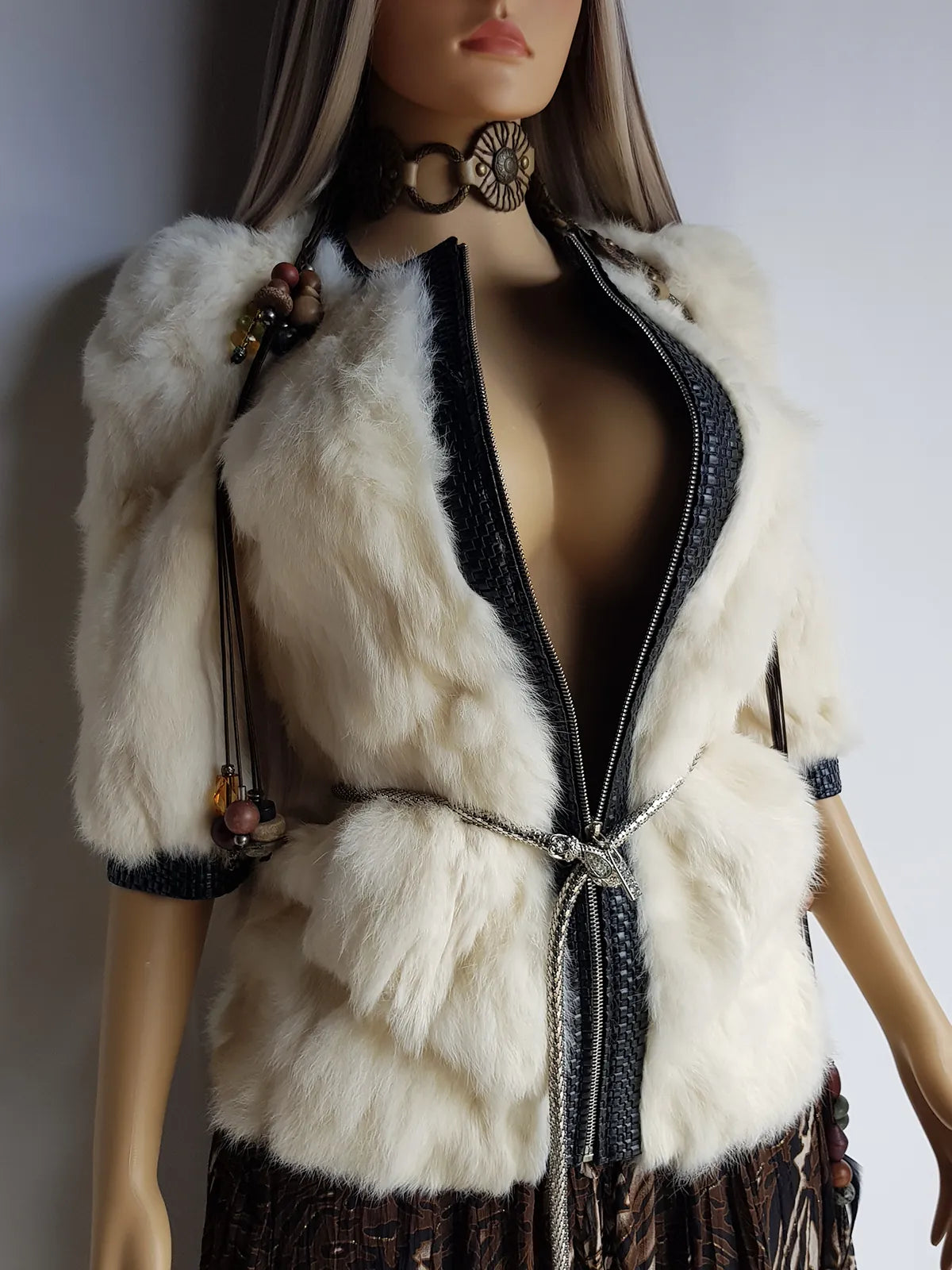 2000s Vintage Authentic White Rabbit Coat with Black Braided Leather Feature Detailing - Short Sleeves & fully lined