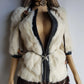 2000s Vintage Authentic White Rabbit Coat with Black Braided Leather Feature Detailing - Short Sleeves & fully lined