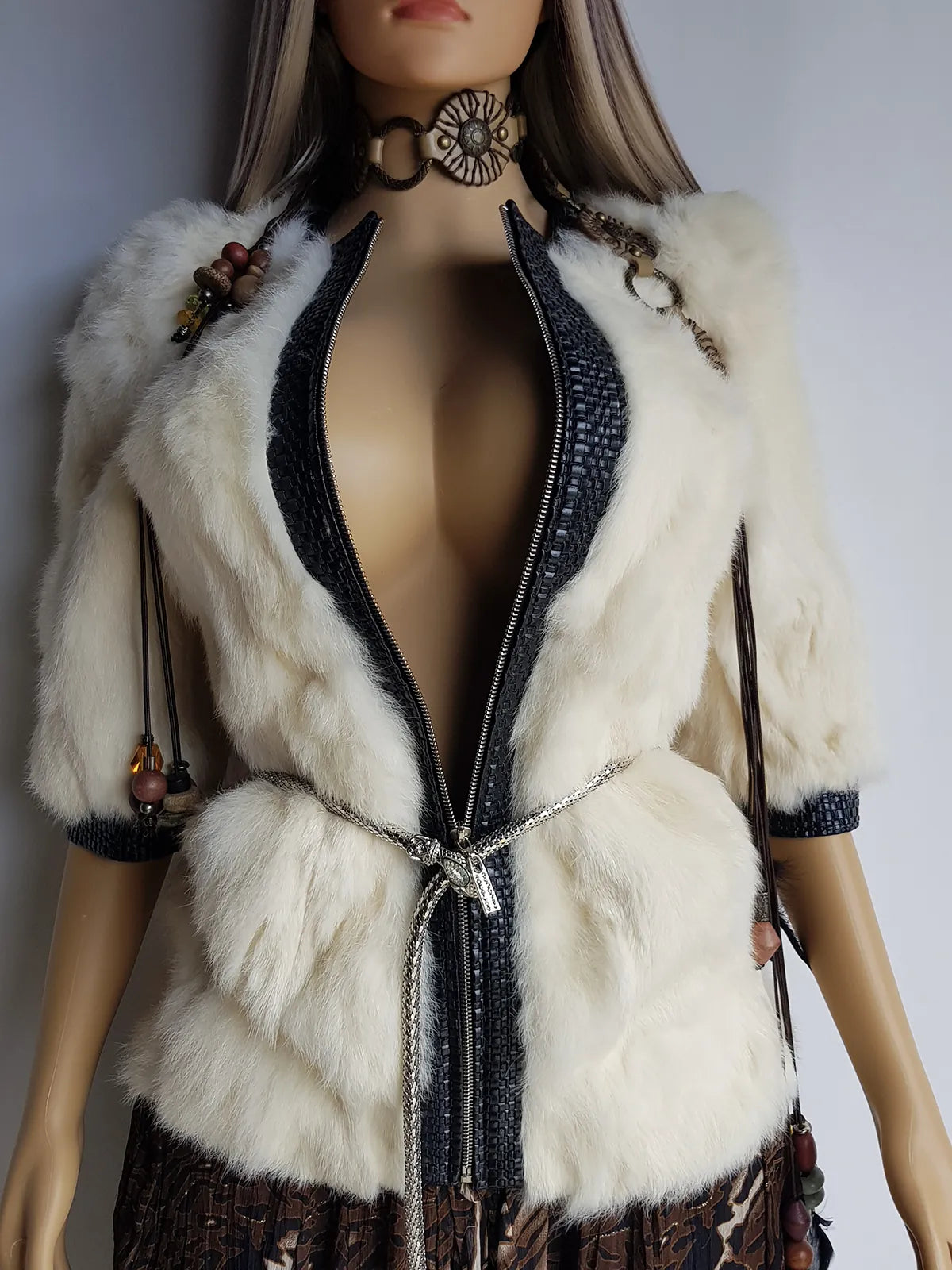 2000s Vintage Authentic White Rabbit Coat with Black Braided Leather Feature Detailing - Short Sleeves & fully lined