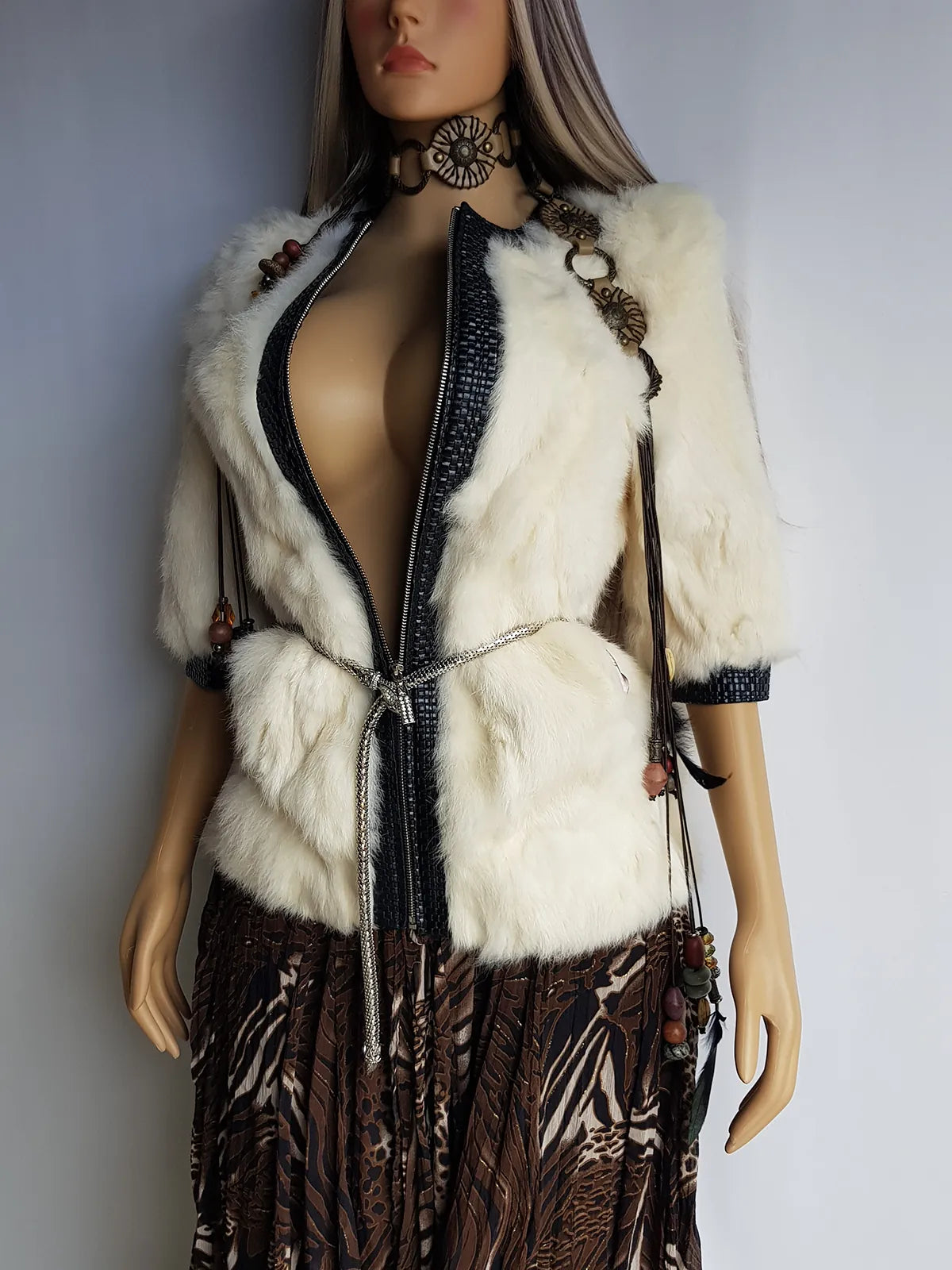 2000s Vintage Authentic White Rabbit Coat with Black Braided Leather Feature Detailing - Short Sleeves & fully lined